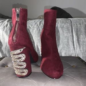 Maroon suede heeled booties Diamond snake print
